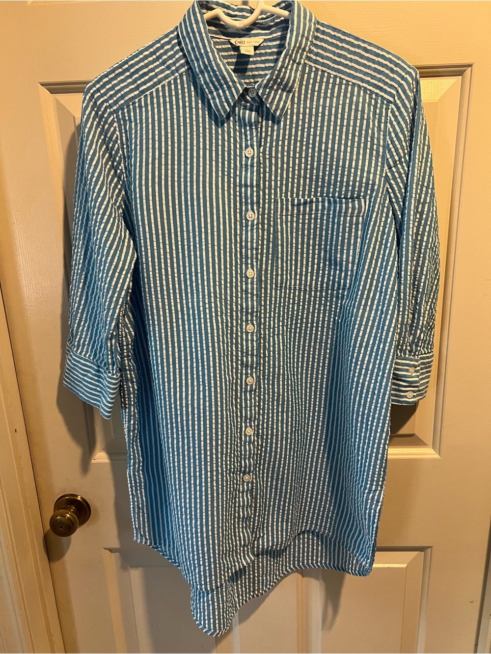 Cato Teal and White Vertical Stripe Casual Button-Down Shirt